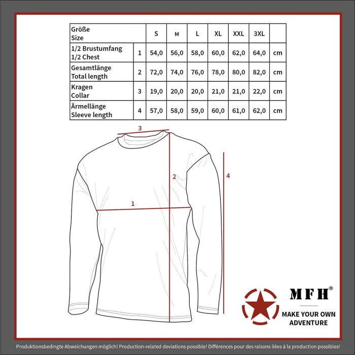 Size chart for US shirt, long sleeve